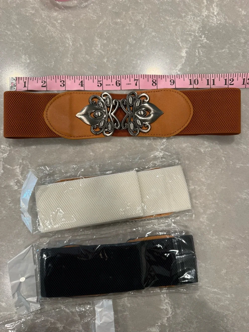 Women’s Stretch Waist Belt Bundle 3 Pc Brown Black Ivory Boho Western Small